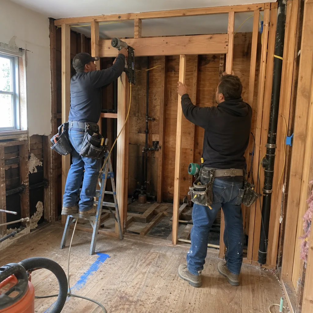 Two contractors framing a wall during a professional bathroom remodeling project.