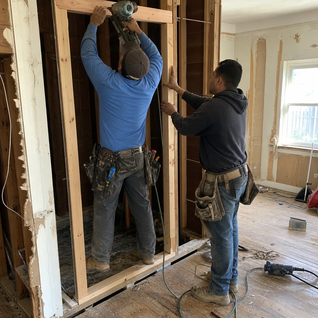 Two construction workers framing a doorway during a bathroom renovation project.