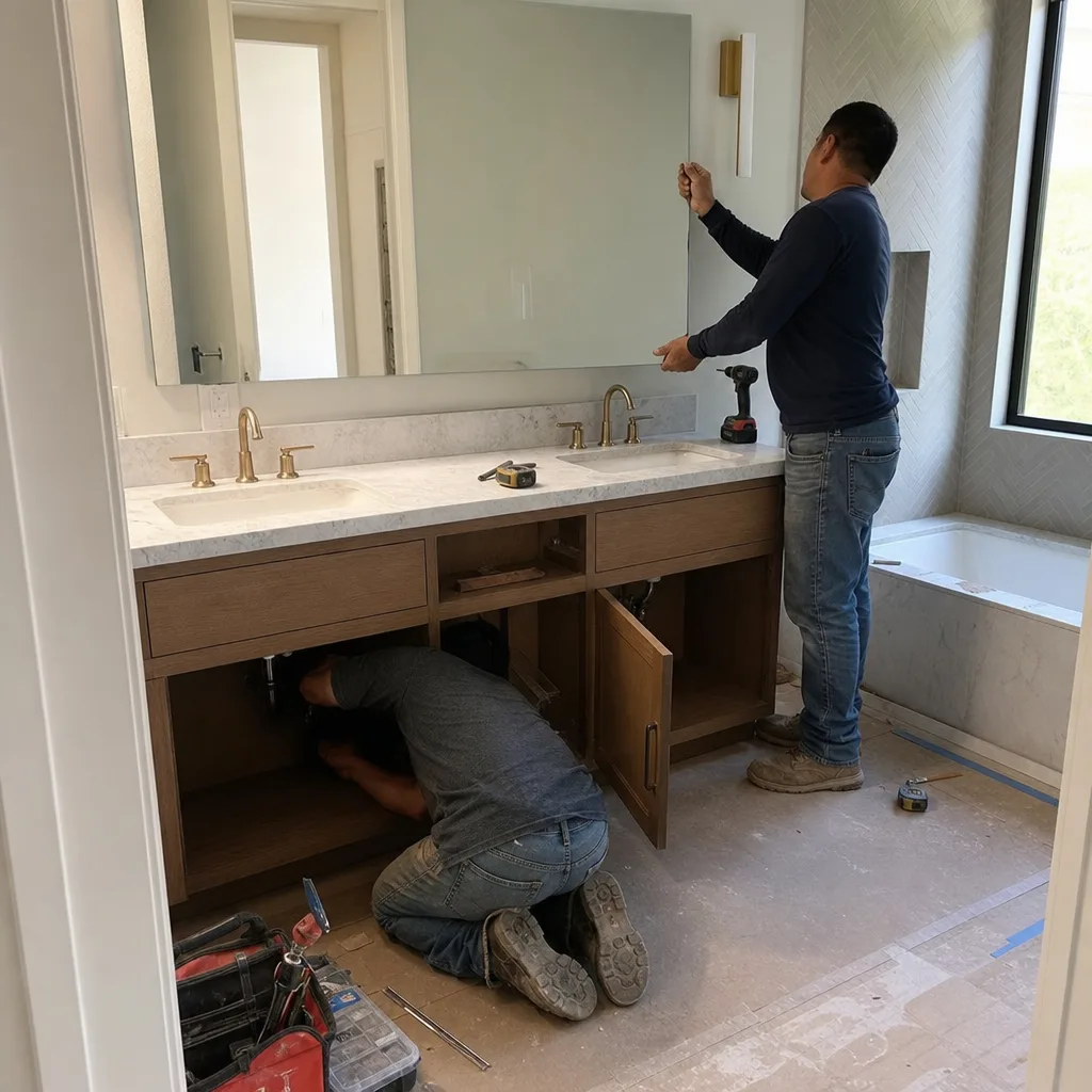 Professional contractors working on a bathroom remodel installation