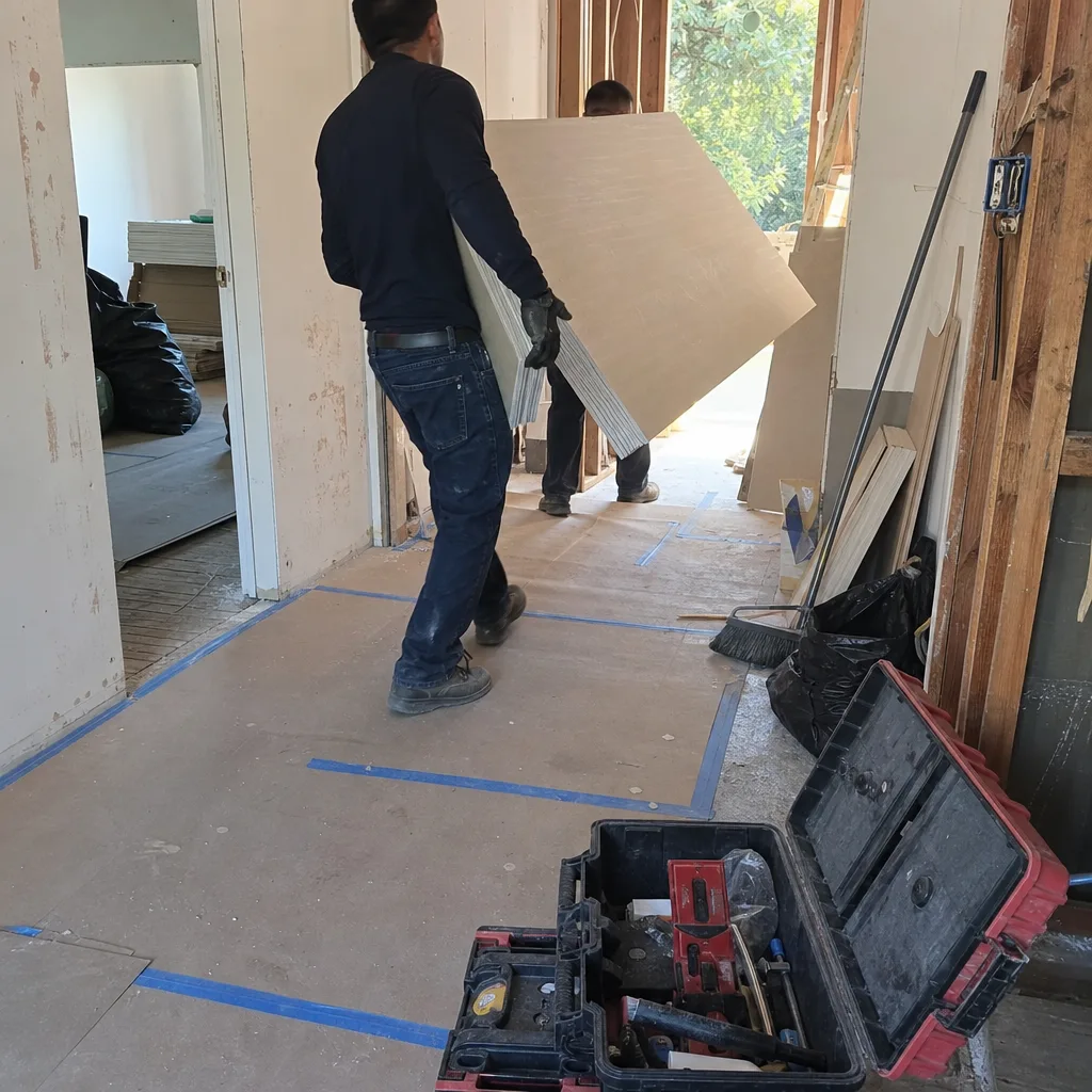 General contractors carrying a drywall sheet on a construction job site