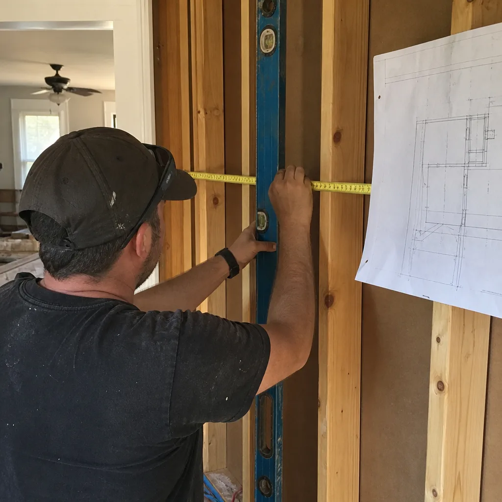 General contractor measuring wooden wall studs with blueprints on site