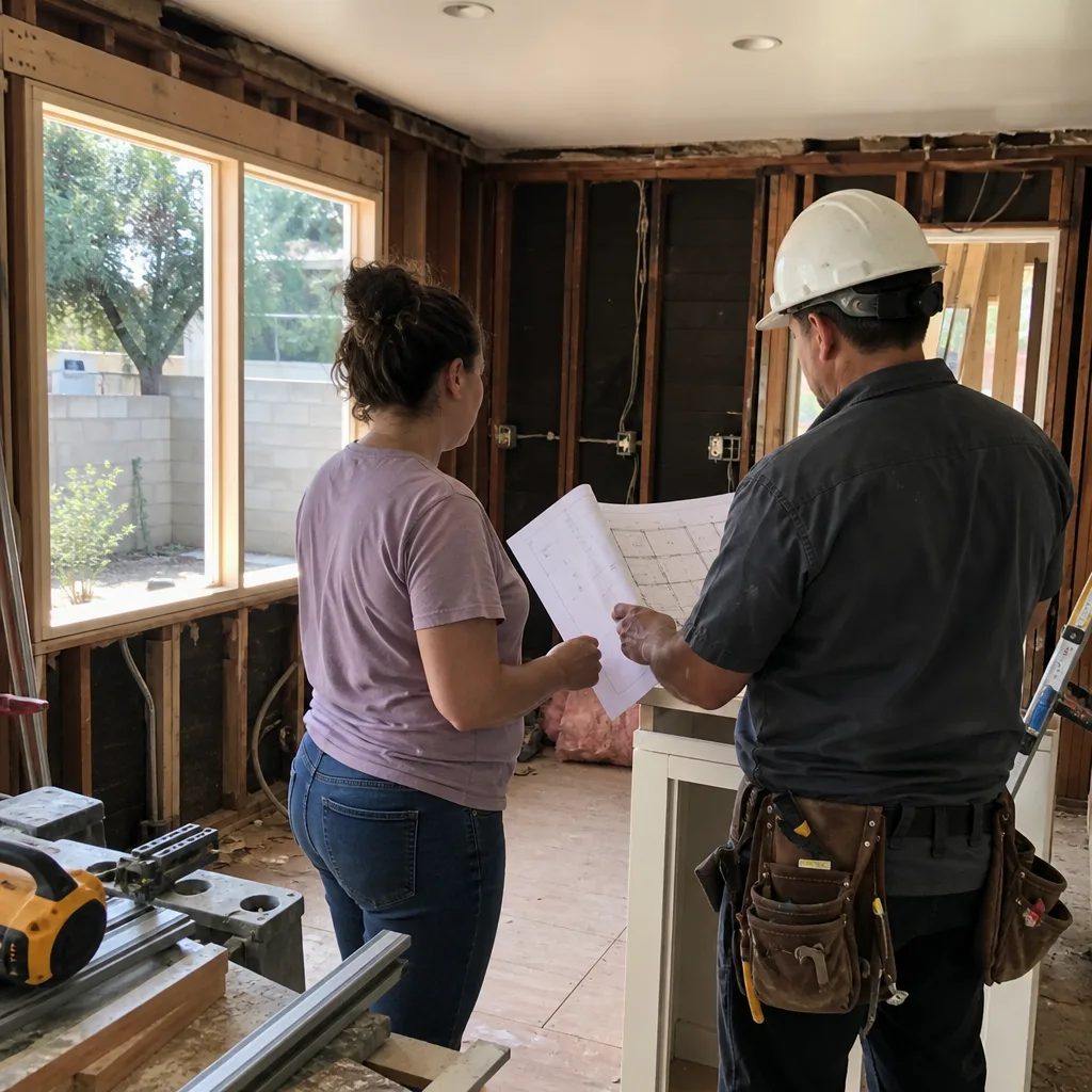 General contractor and client reviewing house blueprints in a home renovation site