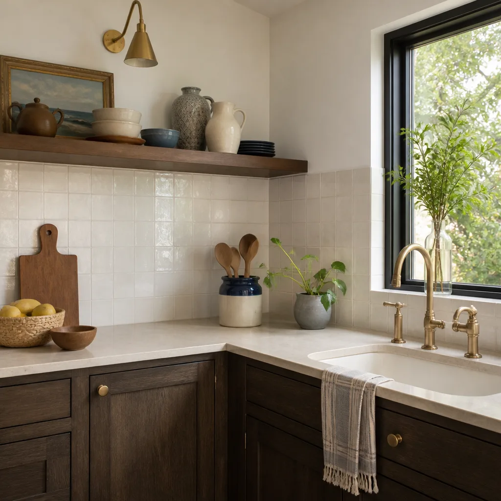 A stone counter, tile backsplash and open shelf after a kitchen remodel