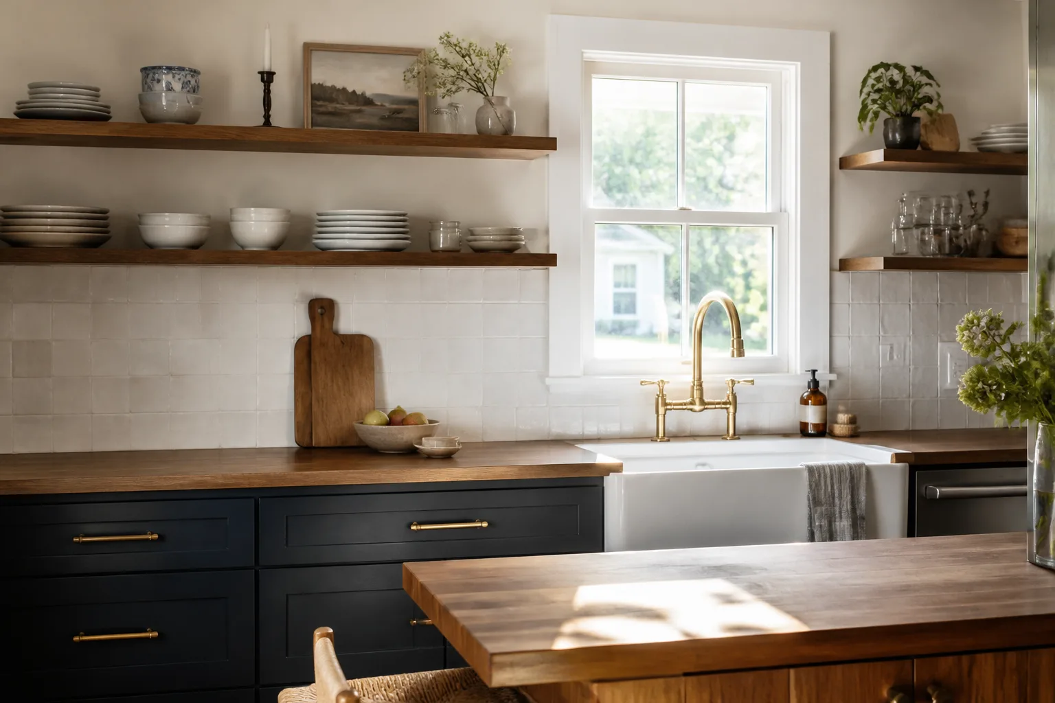 A remodeled kitchen with painted cabinets and a farmhouse sink