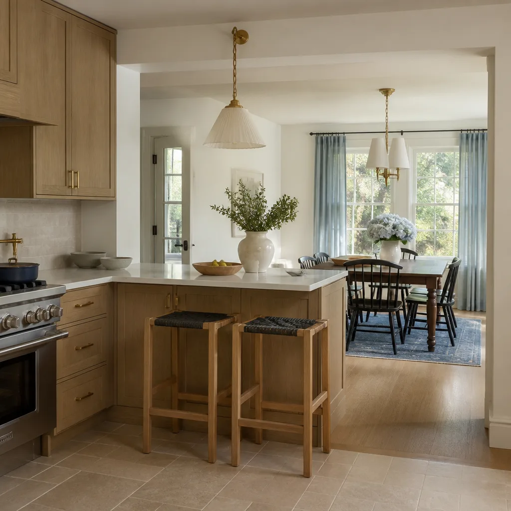 A galley kitchen opened up to the dining room with a new peninsula