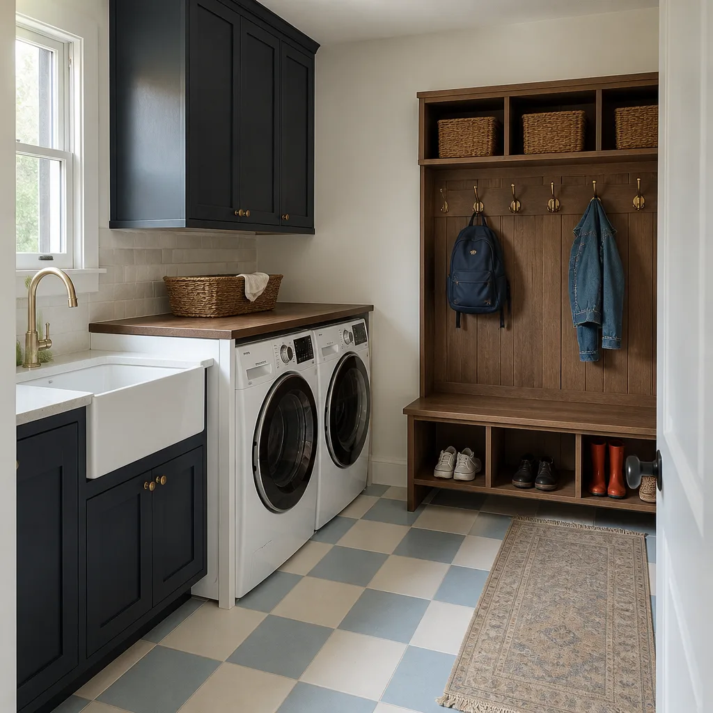 A remodeled laundry and mudroom with a bench, cubbies and painted cabinets