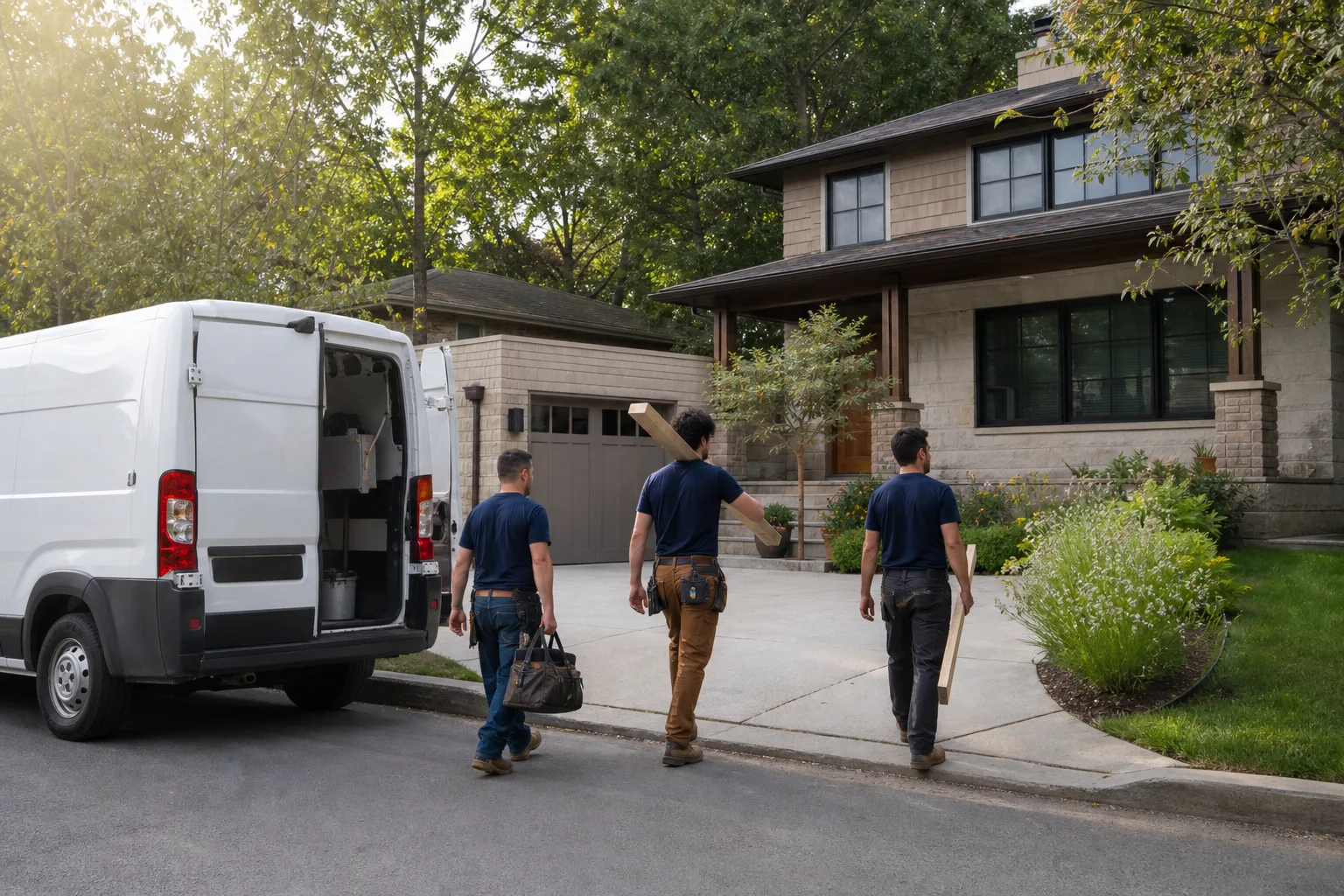 A remodeling crew arriving at a home with lumber and tools